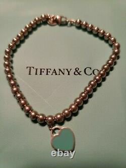 Authentic Tiffany & Co Beaded Ball Blue Enamel Charm Heart Tag 925 Bracelet 7