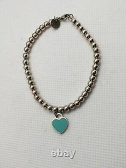 Authentic Tiffany & Co Beaded Ball Blue Enamel Charm Heart Tag 925 Bracelet 7