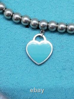 Authentic Tiffany & Co Beaded Ball Blue Enamel Charm Heart Tag 925 Bracelet 7