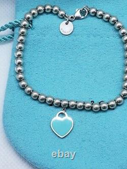 Authentic Tiffany & Co Beaded Ball Blue Enamel Charm Heart Tag 925 Bracelet 7