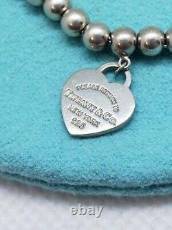 Authentic Tiffany & Co Beaded Ball Blue Enamel Charm Heart Tag 925 Bracelet 7