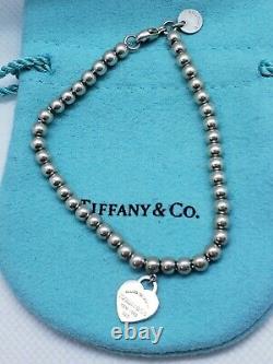 Authentic Tiffany & Co Beaded Ball Blue Enamel Charm Heart Tag 925 Bracelet 7