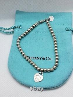 Authentic Tiffany & Co Beaded Ball Blue Enamel Charm Heart Tag 925 Bracelet 7