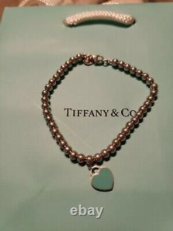 Authentic Tiffany & Co Beaded Ball Blue Enamel Charm Heart Tag 925 Bracelet 7