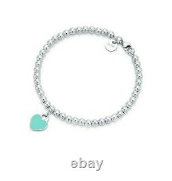 Authentic Tiffany & Co Beaded Ball Blue Enamel Charm Heart Tag 925 Bracelet 7