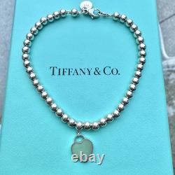 Authentic Tiffany & Co Silver Blue Enamel RTT Mini Heart Tag Bead Bracelet 17cm