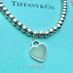 Authentic Tiffany & Co Silver Blue Enamel RTT Mini Heart Tag Bead Bracelet 17cm