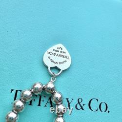 Authentic Tiffany & Co Silver Blue Enamel RTT Mini Heart Tag Bead Bracelet 17cm