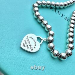 Authentic Tiffany & Co Silver Blue Enamel RTT Mini Heart Tag Bead Bracelet 17cm