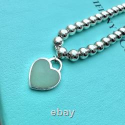 Authentic Tiffany & Co Silver Blue Enamel RTT Mini Heart Tag Bead Bracelet 17cm