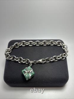 Authentic Tiffany & Co Sterling Silver Blue Enamel Gift Box Charm Bracelet