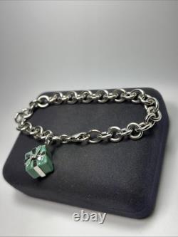 Authentic Tiffany & Co Sterling Silver Blue Enamel Gift Box Charm Bracelet