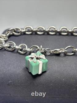 Authentic Tiffany & Co Sterling Silver Blue Enamel Gift Box Charm Bracelet