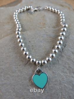 Authentic Tiffany & Co. Sterling Silver Blue Enamel Heart Bracelet withPouch #1015
