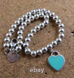 Authentic Tiffany & Co. Sterling Silver Blue Enamel Heart Bracelet withPouch #1015