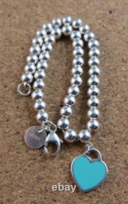 Authentic Tiffany & Co. Sterling Silver Blue Enamel Heart Bracelet withPouch #1015