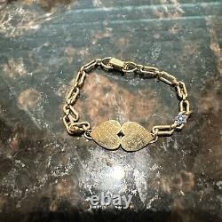 Baby Gold 10K double Heart Paper Clip Blue Enamel Bracelet Antique 3Gr Beautiful