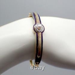 Bangle Bracelet Pearl Diamonds 14K Gold Blue Enamel