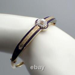 Bangle Bracelet Pearl Diamonds 14K Gold Blue Enamel