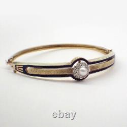 Bangle Bracelet Pearl Diamonds 14K Gold Blue Enamel