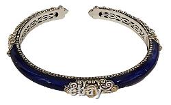 Barbara Bixby Cobalt Blue Enamel Sterling Silver 18K Gold Hinged Cuff Bracelet