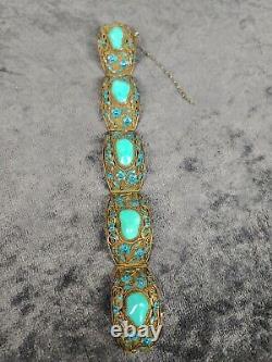 Beautiful Antique Chinese sterling Silver filigree enamel turquoise Bracelet