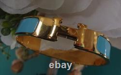 Beautiful Aqua Blue Gold Plate Hermes Enamel Click Clack Bracelet 7