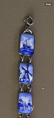 Beautiful Vintage Art Deco Dutch 8 Panel Blue & White Enamel Bracelet