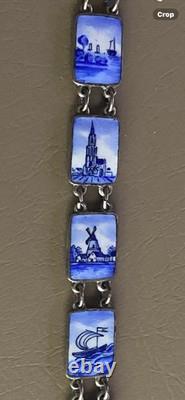 Beautiful Vintage Art Deco Dutch 8 Panel Blue & White Enamel Bracelet