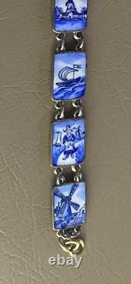 Beautiful Vintage Art Deco Dutch 8 Panel Blue & White Enamel Bracelet