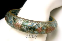 Beautiful Vintage Plique A Jour Bangle Bracelet Blue Floral Stained Glass