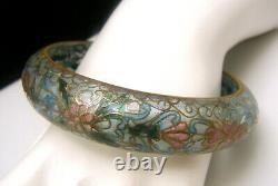 Beautiful Vintage Plique A Jour Bangle Bracelet Blue Floral Stained Glass