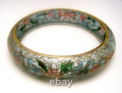Beautiful Vintage Plique A Jour Bangle Bracelet Blue Floral Stained Glass