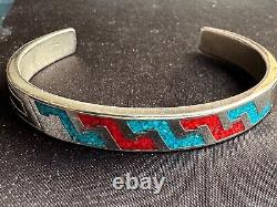 Beautiful Vintage Silver Bracelet Blue & Red Enamel Signed