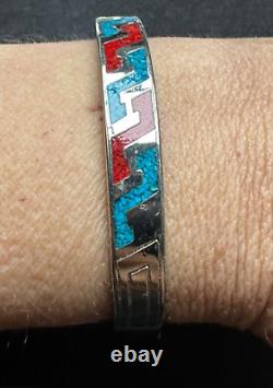 Beautiful Vintage Silver Bracelet Blue & Red Enamel Signed