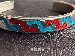 Beautiful Vintage Silver Bracelet Blue & Red Enamel Signed