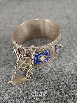 Beautiful Vtg Berber blue Enamel Silver Coral Tribal Bangle bracelet