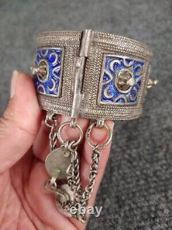 Beautiful Vtg Berber blue Enamel Silver Coral Tribal Bangle bracelet