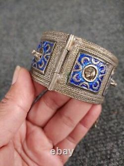 Beautiful Vtg Berber blue Enamel Silver Coral Tribal Bangle bracelet
