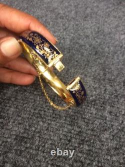 Beautiful Vtg Blue Enamel Guilloche gold tone Bangle Bracelet