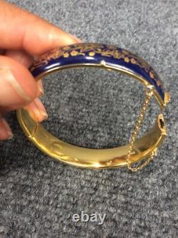 Beautiful Vtg Blue Enamel Guilloche gold tone Bangle Bracelet
