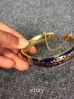 Beautiful Vtg Blue Enamel Guilloche gold tone Bangle Bracelet