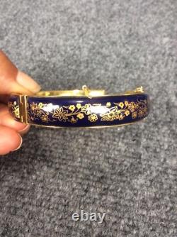 Beautiful Vtg Blue Enamel Guilloche gold tone Bangle Bracelet