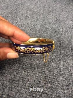 Beautiful Vtg Blue Enamel Guilloche gold tone Bangle Bracelet