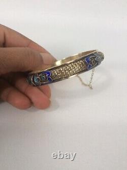 Beautiful Vtg Chinese sterling Silver Vermeil Blue enamel Bangle Bracelet