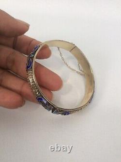 Beautiful Vtg Chinese sterling Silver Vermeil Blue enamel Bangle Bracelet