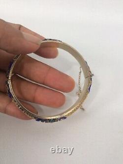 Beautiful Vtg Chinese sterling Silver Vermeil Blue enamel Bangle Bracelet