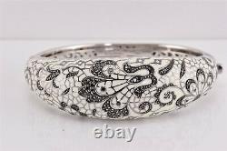 Belle Étoile Sterling Silver Fleur De Lace White Enamel Hinged Bangle 6.5 53.5g