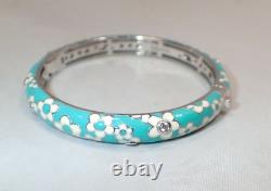 Belle Etolie Italy Sterling Silver Enamel Daisies Hinged Bangle Bracelet Medium