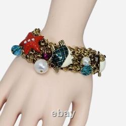 Betsey Fish Pearl Icy Crystal Charm Bracelet 7.5Crabby Couture Whimsical Trendy